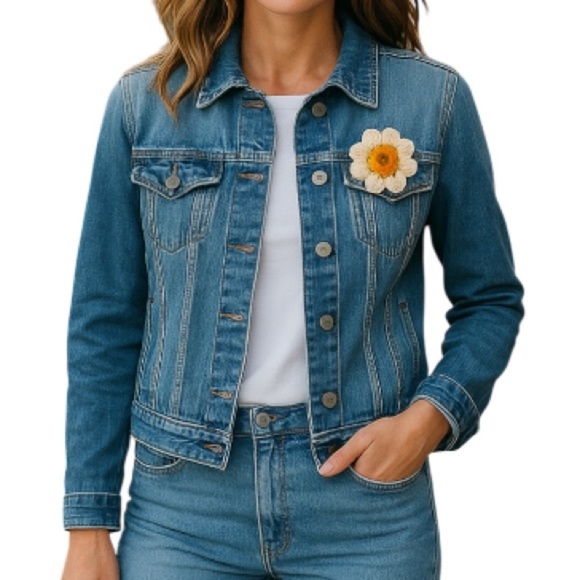 PRANA Cropped Jean Jacket Blue Medium Wash Denim Stretch Crochet Flower Pin S - Picture 1 of 13
